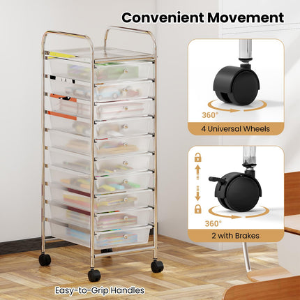 Dreamade 10-Drawer Rolling Storage Cart with Metal Frame and Lockable Universal Wheels