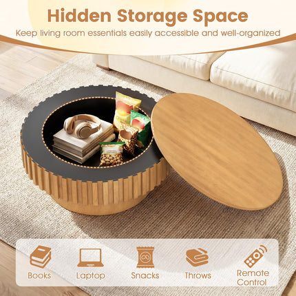 Dreamade Round Coffee Table with Storage | Modern Drum Fluted Center Table with Solid Wood Veneered