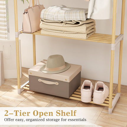 Dreamade Pine Wood Clothes Rack with 2-Tier Open Storage Shelf for Hanging Clothes
