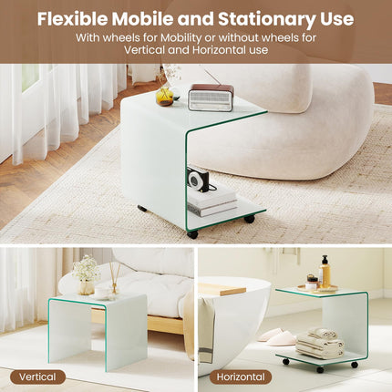Dreamade C-Shaped End Table with Wheels - Mobile Tempered Glass Sofa Couch Side Table w/2-Tier Storage Shelf