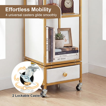Dreamade 4-Tier Rotating Bookshelf | 360° Spinning Corner Book Shelf Tower W/Removable Fabric Storage Drawer