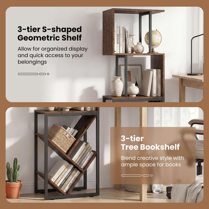 Dreamade 6-Tier Bookshelf | Industrial S-Shaped Geometric Bookcase with Open Display Shelves