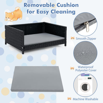 Dreamade Wicker Dog Bed, Raised Woven Rattan Pet Bed Sofa Couch w/Waterproof & Washable Cushion