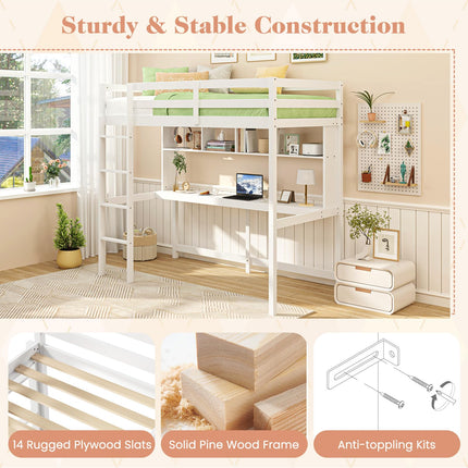 Dreamade Solid Wood Twin Loft Bed with Desk and Bookcase