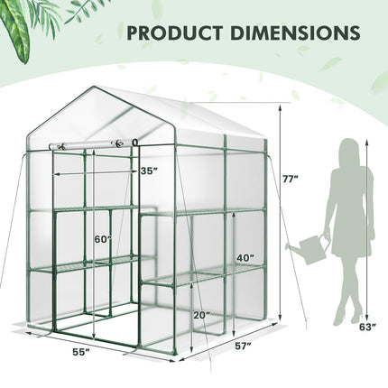 Dreamade Walk-in Greenhouse w/ 3 Tiers 4 Shelves, 4 Ground Stakes & Ropes, PVC Cover