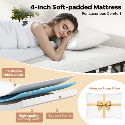 Dreamade Folding Bed with Mattress and Top Pillow, Cot Portable Guest Bed w/Metal Frame, 75" x 31"