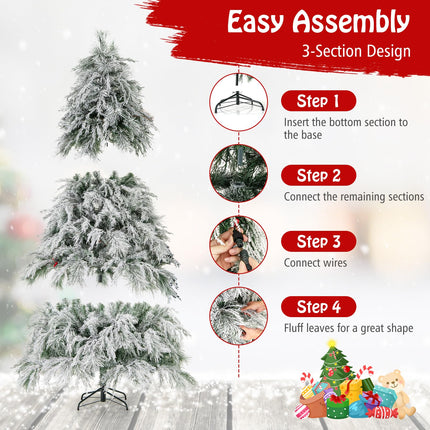 Dreamade 6ft Pre-Lit Snow Flocked Christmas Tree, Artificial Hinged Full Xmas Tree with 519 PVC & Pine Needles