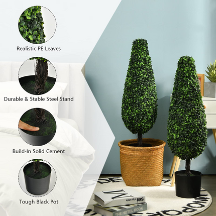 Dreamade 3ft Artificial Boxwood Tower Topiary Trees, 2 Pack Faux Decorative Plants in Cement-Filled Plastic Pot - DreamadeUS