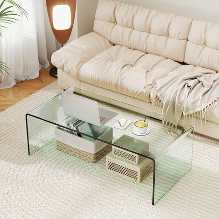 Dreamade 40 Inch Clear Center Coffee Table with Tempered Glass Top & Round Edges