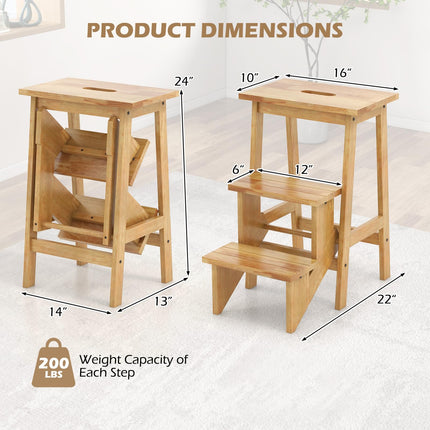 DreamadeFolding 3 Tier Step Ladder, Multipurpose 3-in-1 Wood Step Stool with Anti-Slip (Natural)