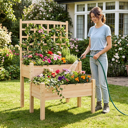 Dreamade 2-Tier Raised Garden Bed with Trellis for Climbing Plants