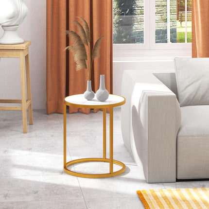 Dreamade Faux Marble Side Table, Round End Table with Golden Metal Frame and White Marble Top
