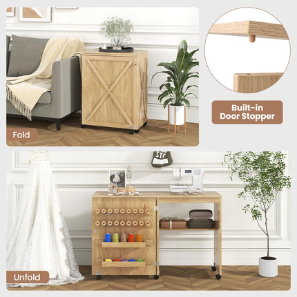 Dreamade Folding Sewing Table - Farmhouse Sewing Machine Cabinet with Barn Door