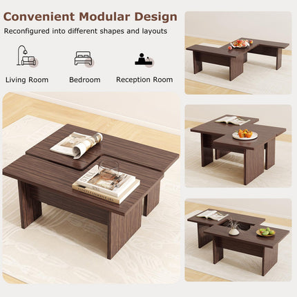 Dreamade L-Shaped Coffee Table Set of 2 Modular Nesting Center Table with Grain Finish