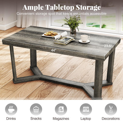 Dreamade Farmhouse Wood Coffee Table with Cross-Shaped Base & Rubber Wood Frame