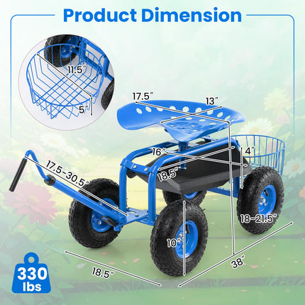 Dreamade Garden Cart, 4-Wheel Gardening Workseat with Storage Basket