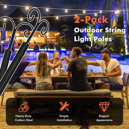 Dreamade String Light Pole for Outside, 2 Pack 8ft / 10 ft Outdoor Metal Poles with Hooks for Hanging String Lights - DreamadeUS