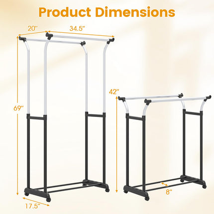 Dreamade Double Rod Clothing Rack with Adjustable Height & Wheels