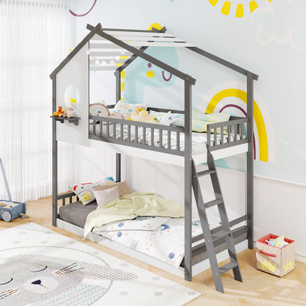 Dreamade Solid Wood Floor Bunk Bed with Ladder and Full-Length Guardrails