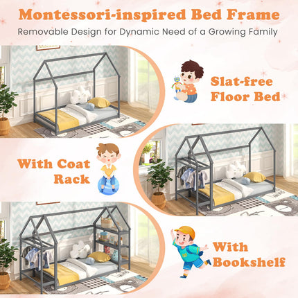 Dreamade Twin Floor Bed, Wood Montessori Floor Bed with Detachable 3 Tier Storage Bookshelf & Clothes Rack