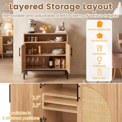 Dreamade 32" Sideboard Buffet Cabinet with 2 Natural Rattan Decorated Doors (1/2)