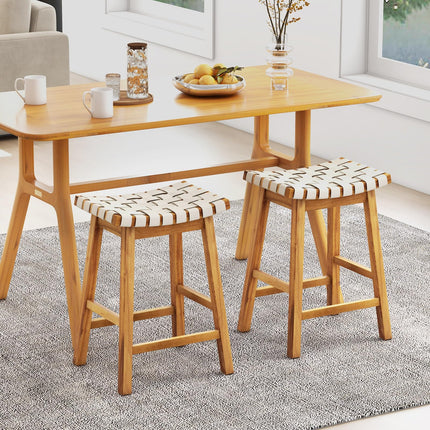 Dreamade 25.5/31" Woven Bar Stools Set of 2/4, Faux PU Leather Counter Height Saddle Stools with Woven Curved Seat