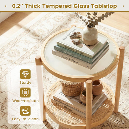 Dreamade 2-Tier Boho Rattan Round Side Table w/Tempered Glass Top (1/2)