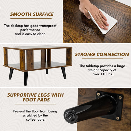 Dreamade Retro Wood Coffee Table, 2-Tier Tea Table w/Open Storage Shelf & Supportive Legs