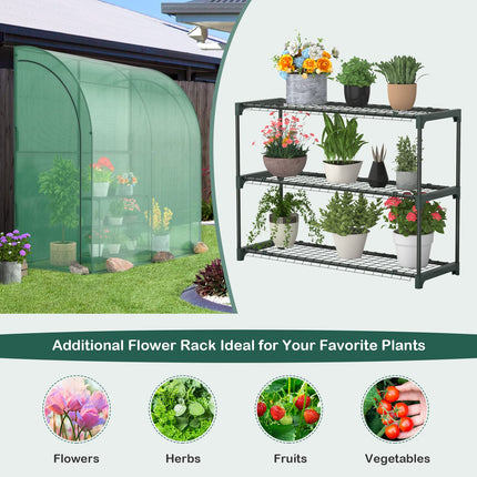 Dreamade Walk-in Lean-to Greenhouse - with 3-Tier Plant Stand, 7’x 3.5’x 7’ Green House, PE Grid Cover
