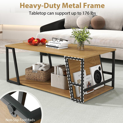 Dreamade Rectangle Coffee Table 2-tier Industrial Accent Table with Storage Shelf and Compartment