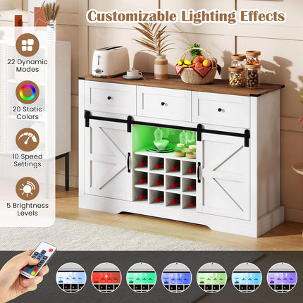 Dreamade Wine Bar Cabinet with LED Lights 52" Buffet Sideboard w/Sliding Barn Door 3 Drawer