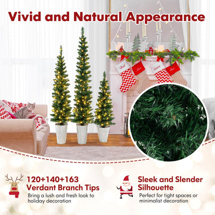 Dreamade 3' 4' 5' Pre-Lit Artificial Christmas Tree Set of 3, Slim Pencil Potted Xmas Tree with 423 Branch Tips, 230 Warm White LED Lights
