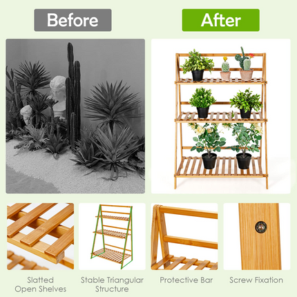 Dreamade 3 Tier Folding Storage Shelf, Bamboo Ladder Plant Stand