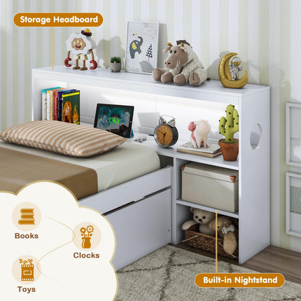 Dreamade Wood Twin Bed Frame with Storage Drawer & Headboard, Modern Platform Bed with Charging Station & LED Light