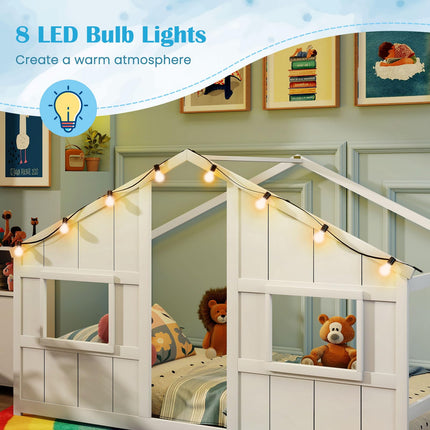 Dreamade Twin Kids House Bed with Light Bulbs Wooden Montessori Floor Bed Frame with Roof & Windows