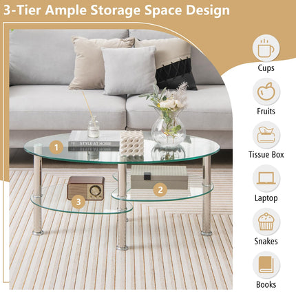 Dreamade Oval Glass Coffee Table - 3-Tier Transparent Tempered Glass Center Table with Metal Stand, 35"× 20" ×18"