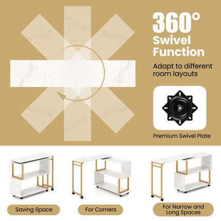 Dreamade 360° Free Rotating Sofa Side Table Modern L Shaped Desk with Storage Bookcase