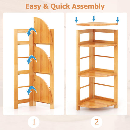 Dreamade 4-Tier Corner Shelf, 34" Bookshelf with Rubber Wood Frame, Anti-Toppling Kit