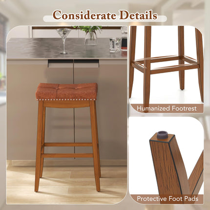 Dreamade Bar Stools Set, 29" Counter Height Bar Stools w/Saddle Seat, Footrest, Rivet, Button Tufted, Rubber Wood Frame