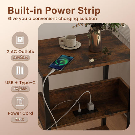 Dreamade Side Table with Charging Station - Industrial 3-Tier Bedside Table w/Open Storage Shelves