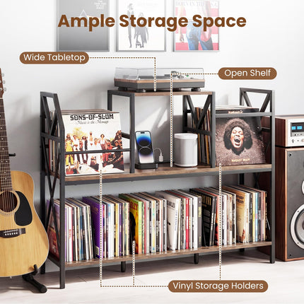 Dreamade Large Record Player Stand with Charging Station & Dividers for Albums