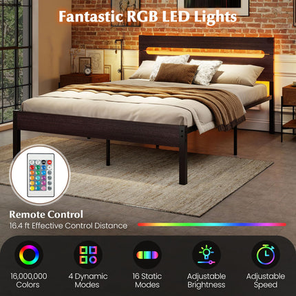 Dreamade Full Size LED Bed Frame with Charging Station Rustic Metal Platform Bed