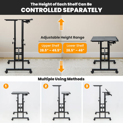 Dreamade Mobile Stand up Desk Adjustable, Rolling Standing Laptop Cart, 27.5"D x 22"W x 49.5"H