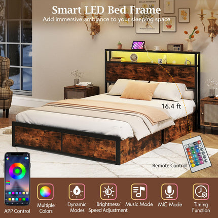 Dreamade Queen/Full Size LED Bed Frame with Charging Station & 4 Storage Drawers