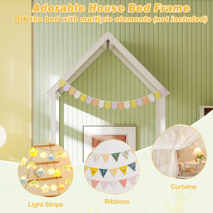 Dreamade Twin Size House Bed Montessori Floor Bed with House Shape Roof & Semi-Fence