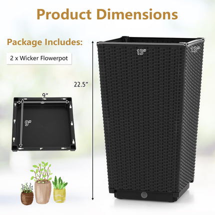 Dreamade Outdoor Wicker Flower Pot Set of 2, 22.5” Tall Planters with Drainage Hole, Self-Watering Tray
