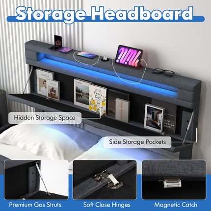Dreamade Queen/Full Size Bed Frame with Storage Headboard and 4 Drawers, Modern Upholstered Platform Bed with Charging Station