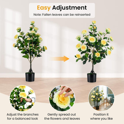 Dreamade 35.5" Artificial Camellia Tree Faux Floral Plant Blooming Tree in Cement Pot
