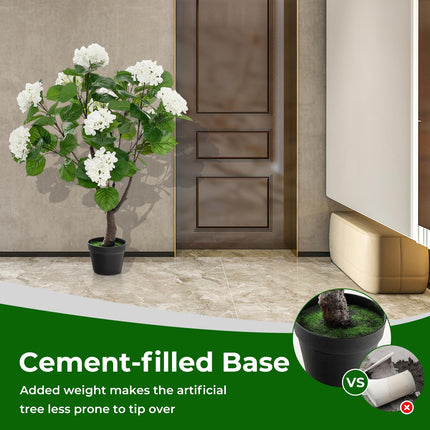 Dreamade Artificial Hydrangea Tree, 2 Pack Fake Floral Plant w/11 White Flowers & Realistic Trunk in Plastic Nursery Pot