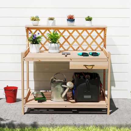 Dreamade Wood Potting Table with 3 Tier Shelves
